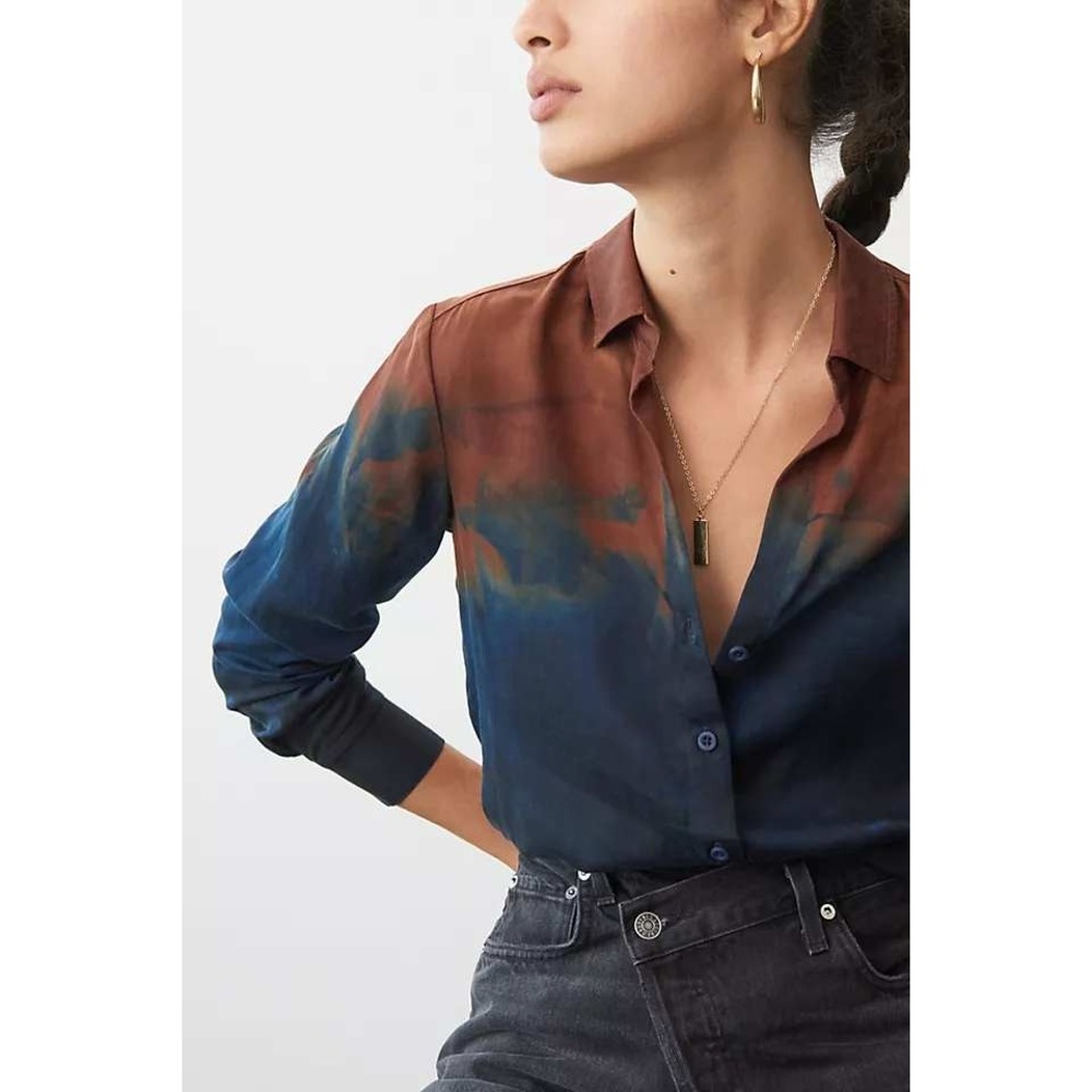 Cloth & Stone Anthropologie button down silky tencel statement top ombre blue sm